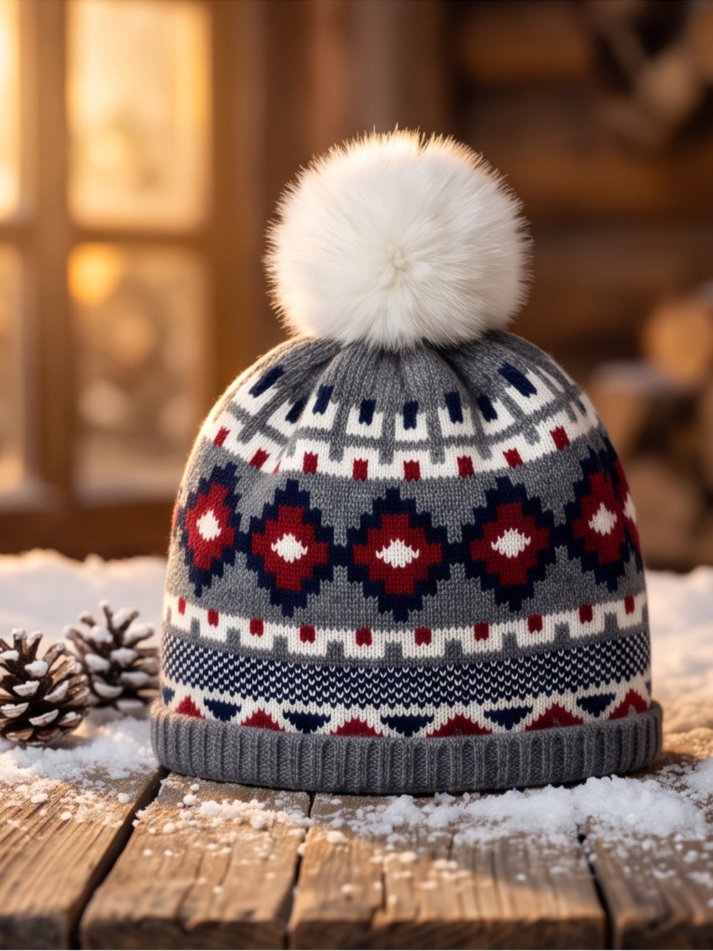Hannah Rose Women’s Fair Isle Merino Pom Beanie in Gray, Navy & Burgundy